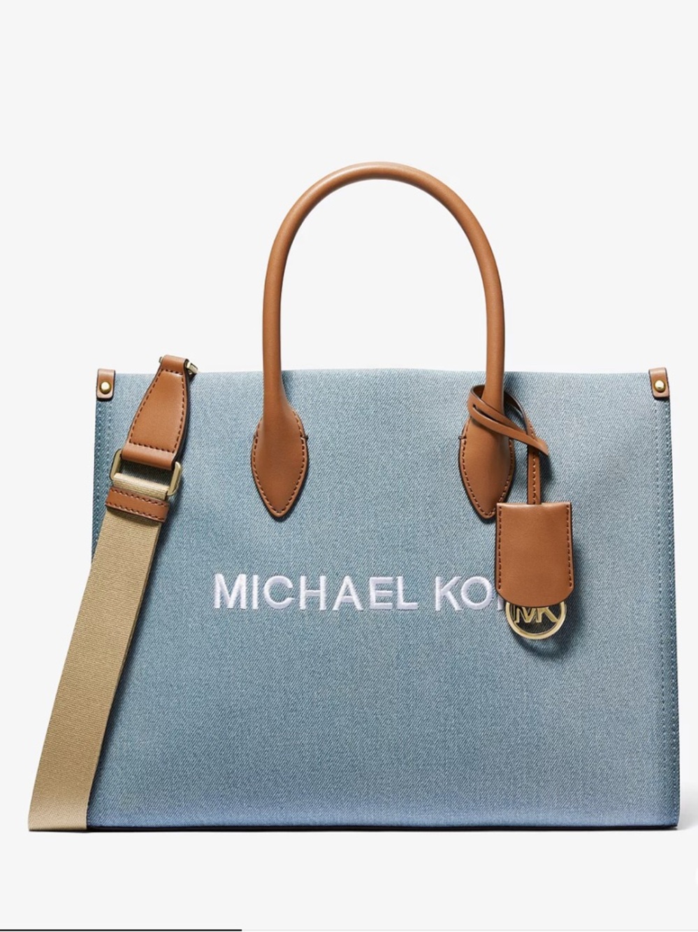 Michael Kors Light Blue Canvas Tote with Tan Leather Handles